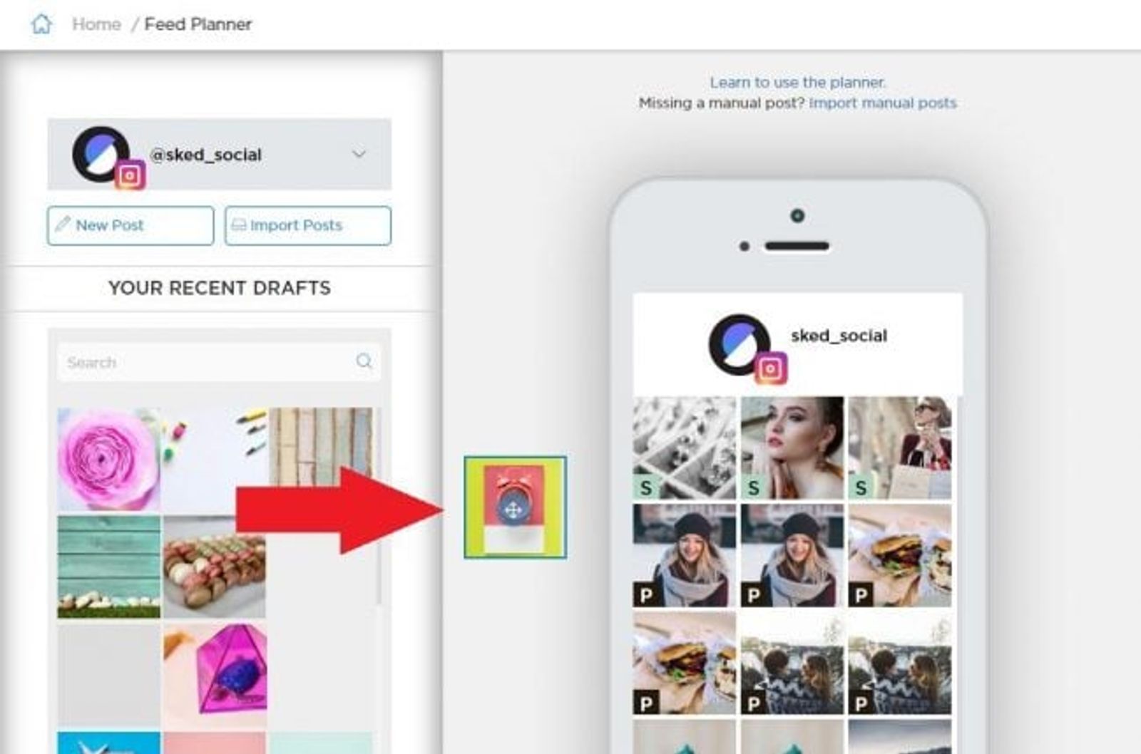 Sked Social Feed Planner showing draft posts beside a phone preview of an Instagram grid layout.