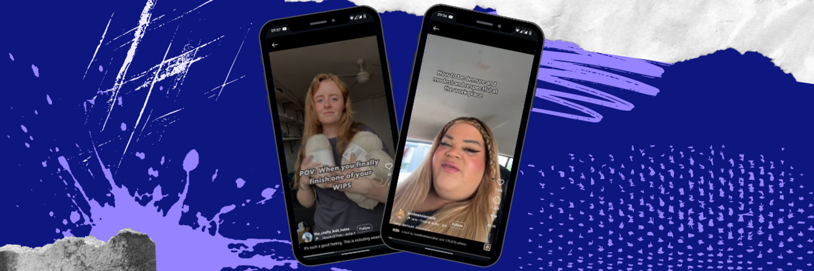 Dos pantallas de celular con Reels de Instagram, con textos sobre terminar un proyecto y el ambiente laboral.