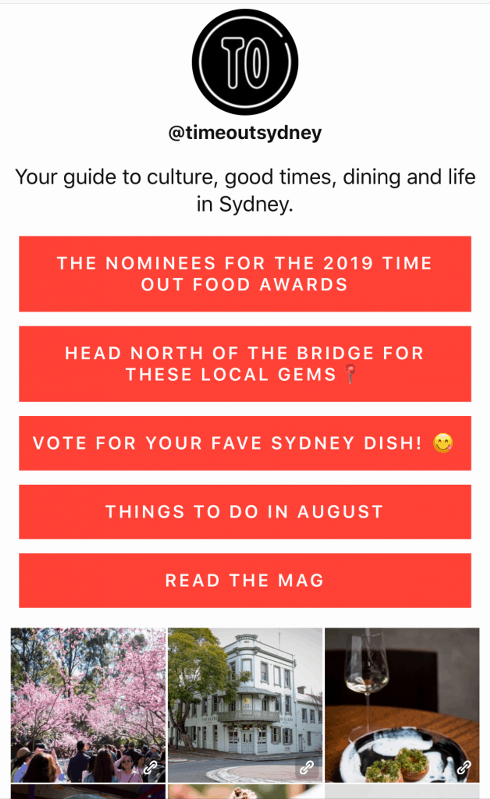 ejemplo de página de enlace en bio de @timeoutsydney