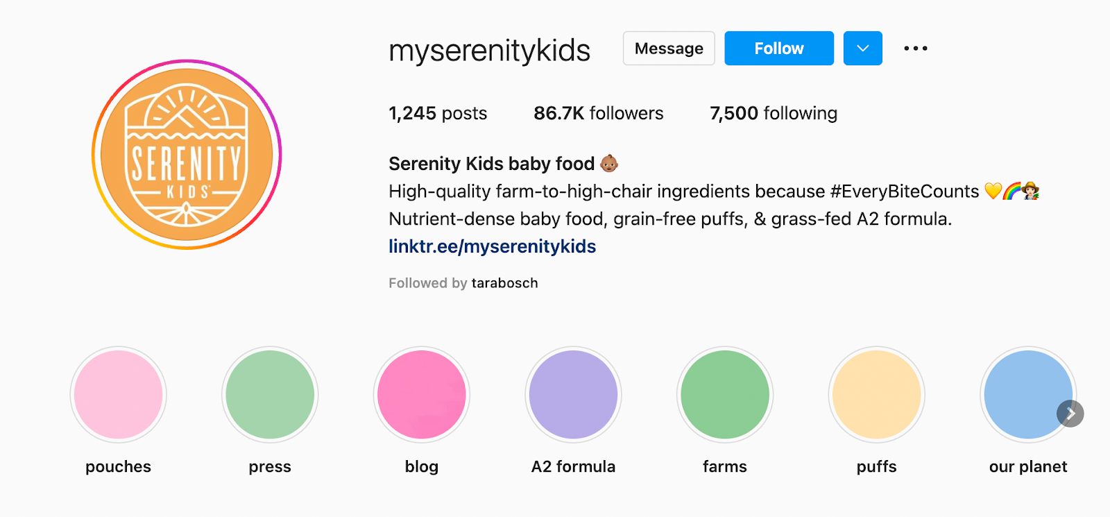 Perfil de Instagram de myserenitykids con la biografía, el logo y los destacados de historias.