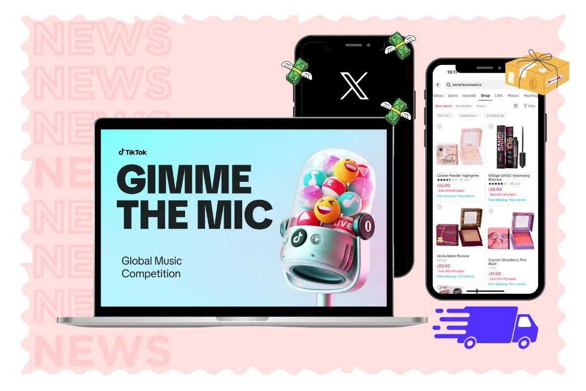 Pink graphic with laptop showing TikTok news and two iPhones showing X (Twitter) and TikTok news