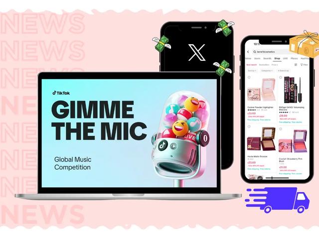 Pink graphic with laptop showing TikTok news and two iPhones showing X (Twitter) and TikTok news