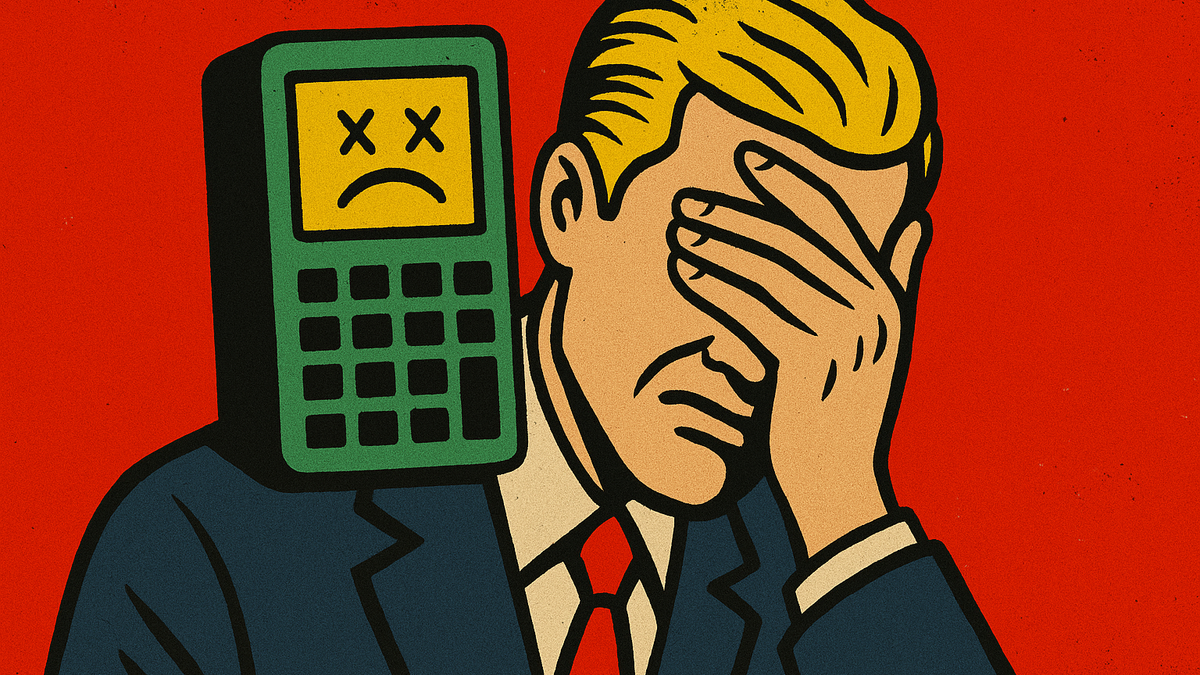 Pop art illustration of a man in a suit with a calculator for a head, covering his face with his hand. Red background.