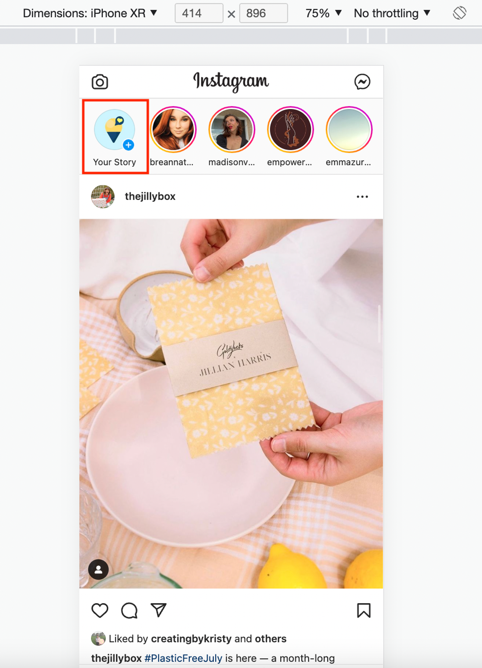 Instagram feed in a browser view, with the Your Story icon highlighted showing a plus sign.