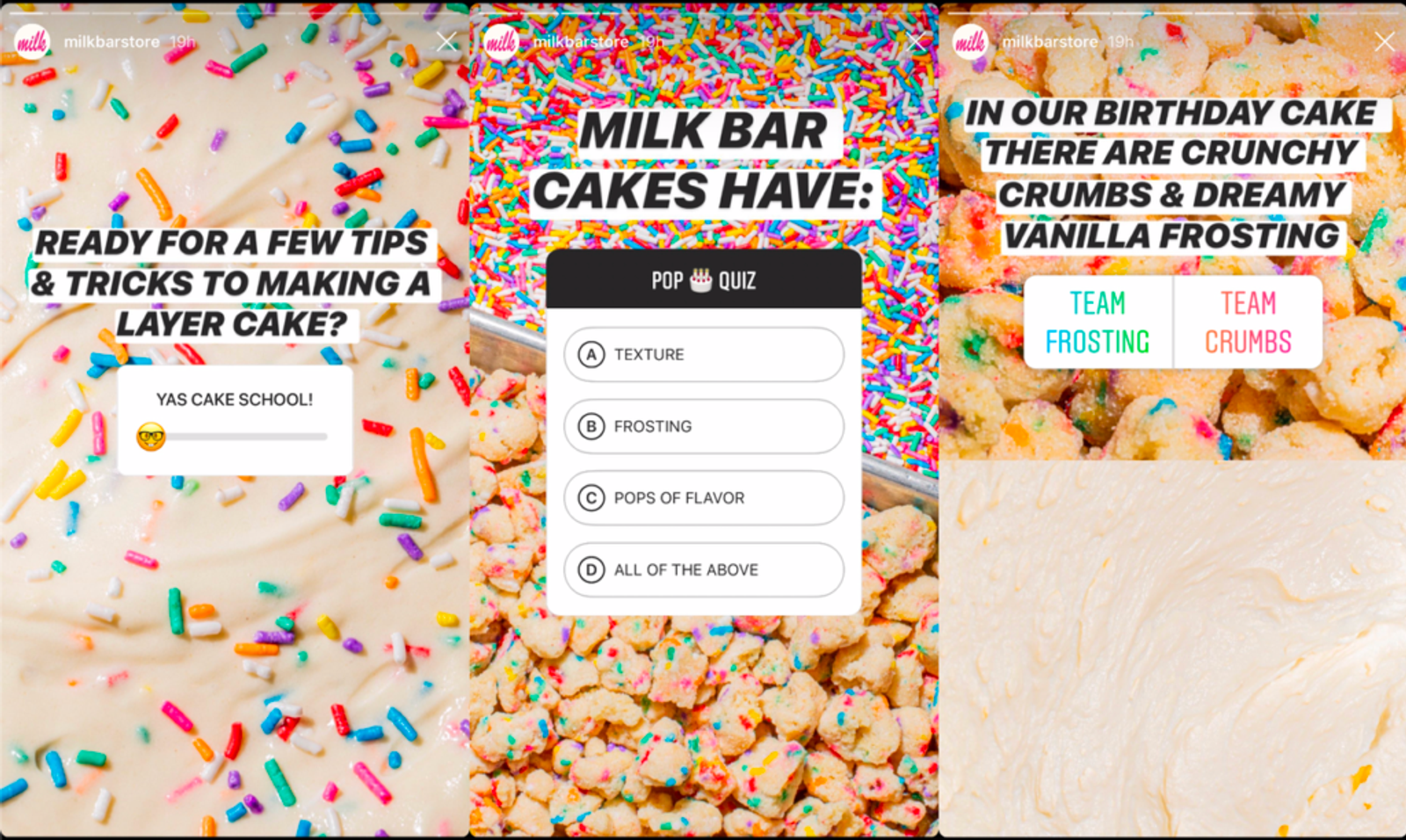 Milk Bar Instagram Stories using a slider, quiz sticker and poll over sprinkle and cake images.