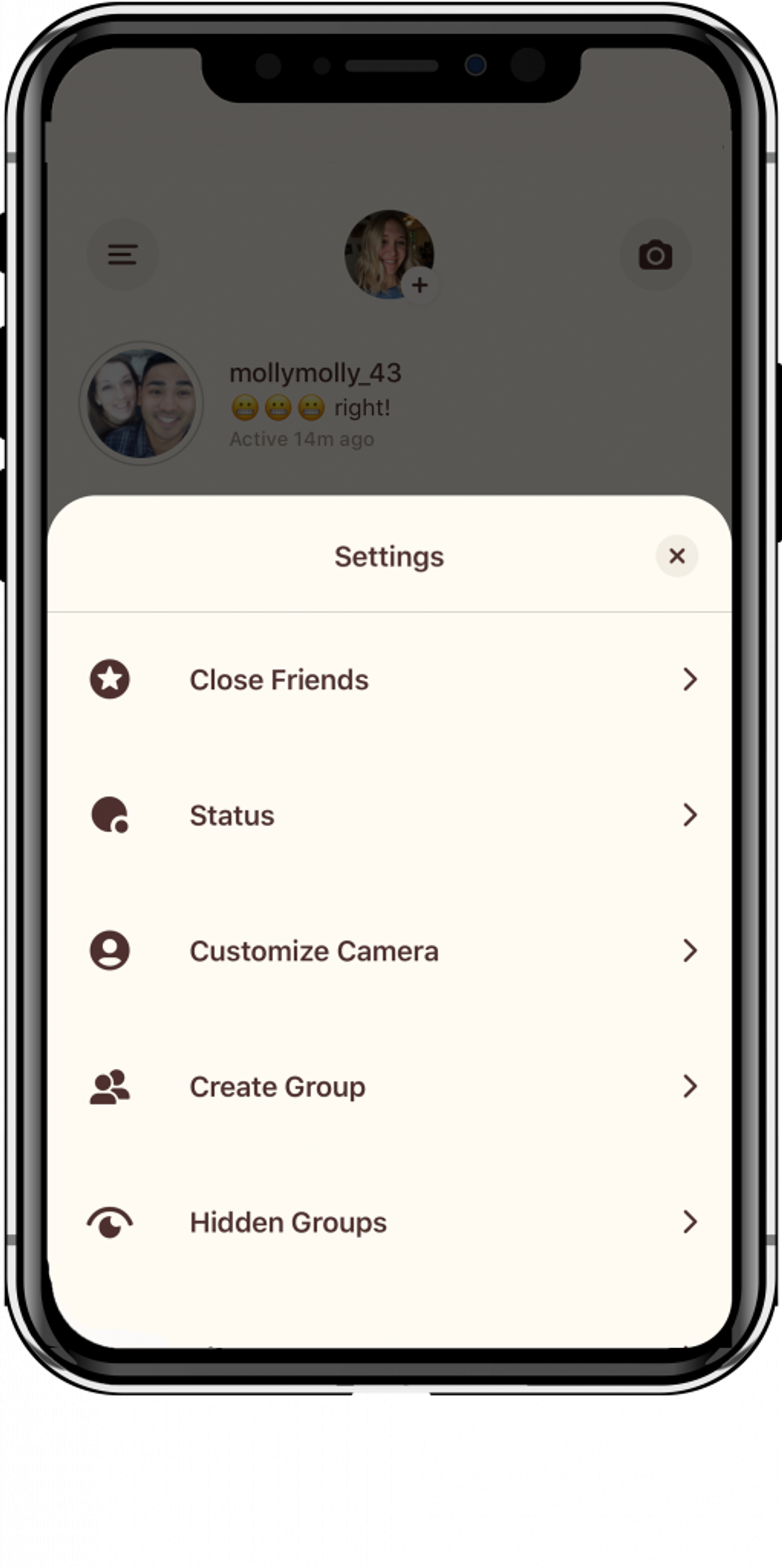Menú de configuración de la app Threads con opciones como Amigos íntimos, Estado, Personalizar cámara y Crear grupo.