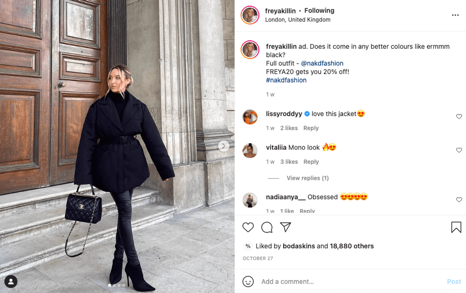 Publicación de influencer de NAKD