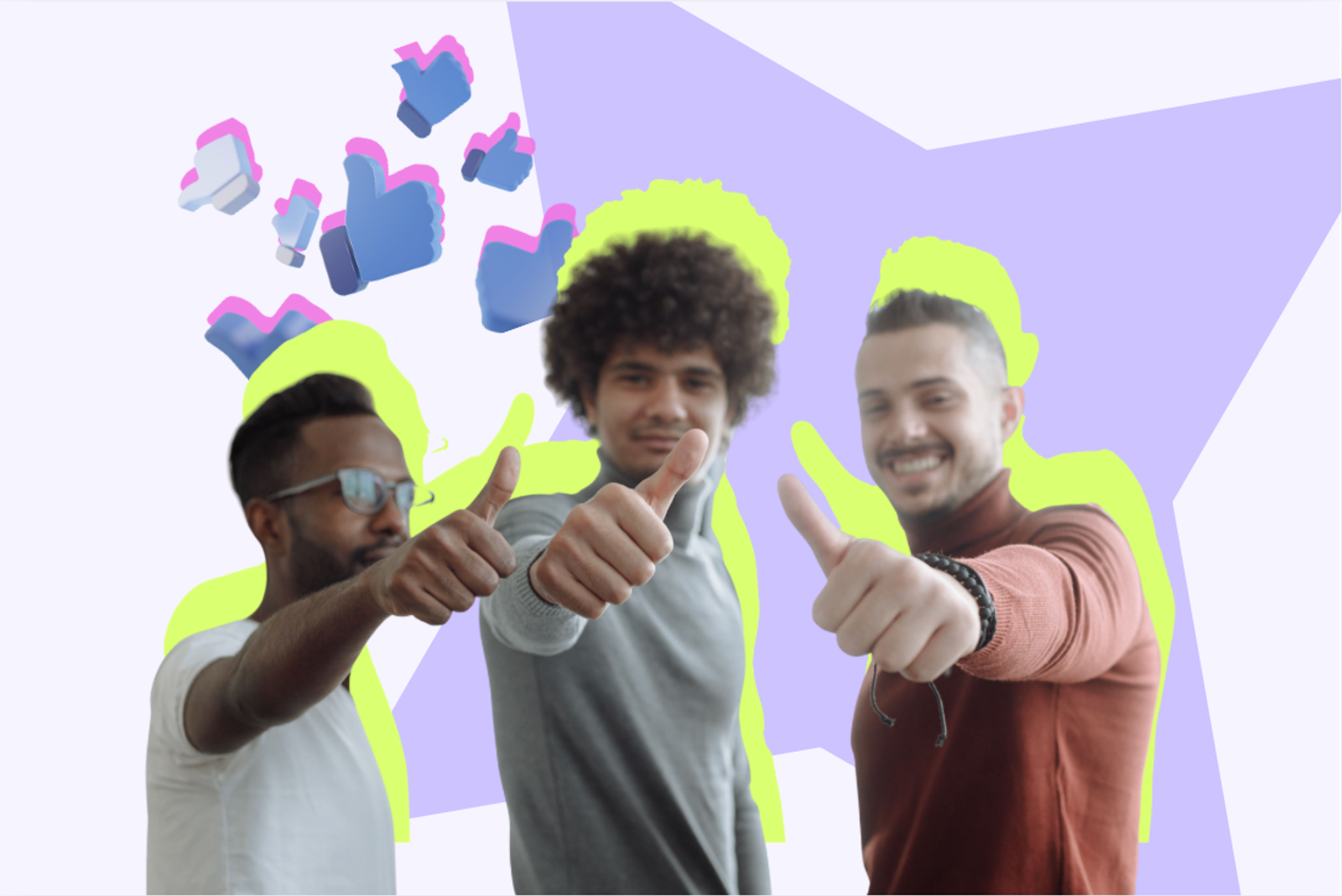 Three men giving thumbs up gestures with illustrated thumbs-up icons floating above them
