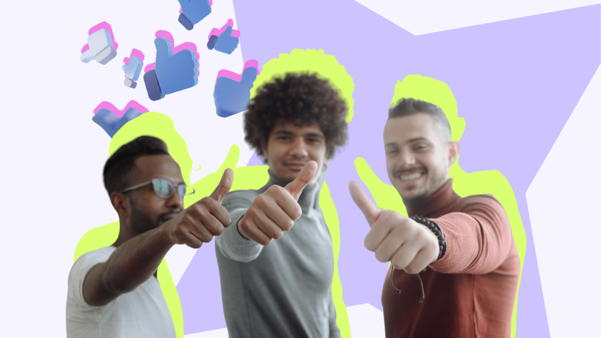 Three men giving thumbs up gestures with illustrated thumbs-up icons floating above them