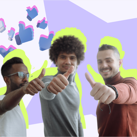 Three men giving thumbs up gestures with illustrated thumbs-up icons floating above them