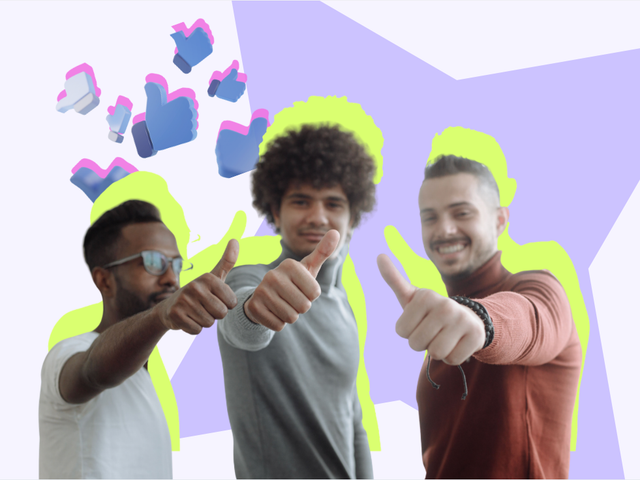Three men giving thumbs up gestures with illustrated thumbs-up icons floating above them