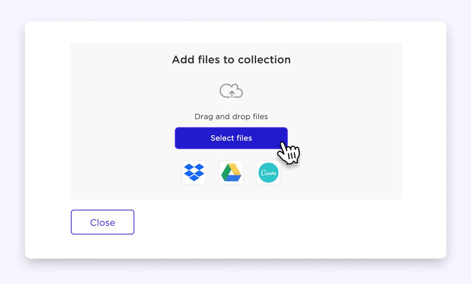 Ventana de Sked Social para añadir archivos a una colección, con botón de selección e íconos de Dropbox, Drive y Canva.