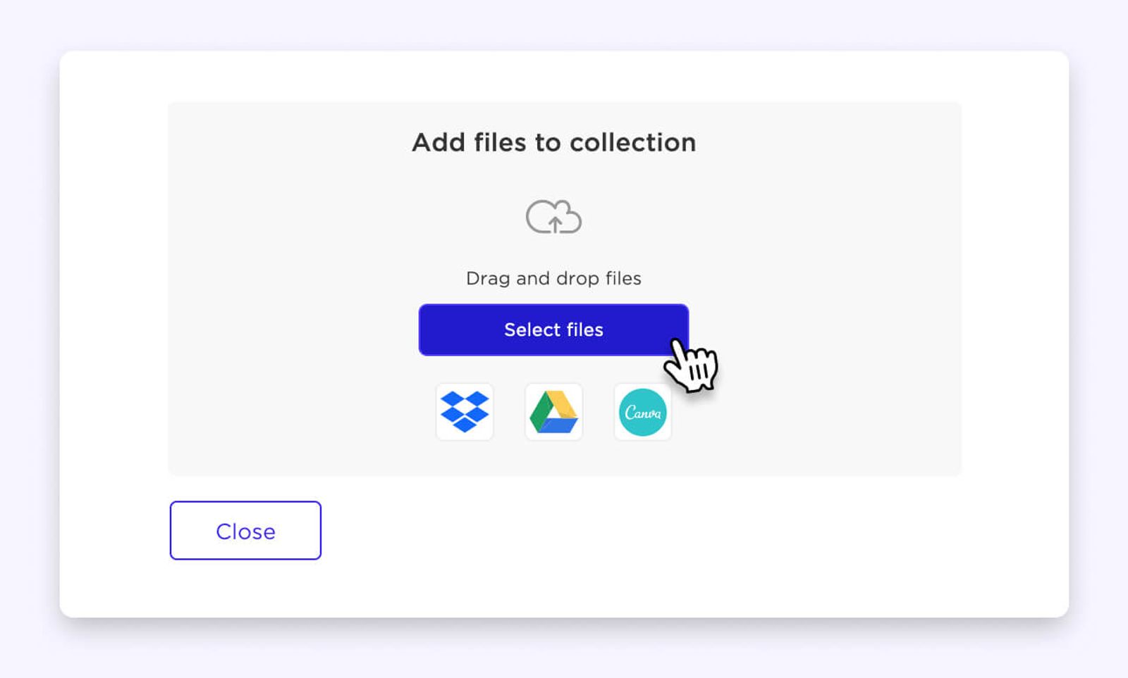 Ventana de Sked Social para añadir archivos a una colección, con botón de selección e íconos de Dropbox, Drive y Canva.