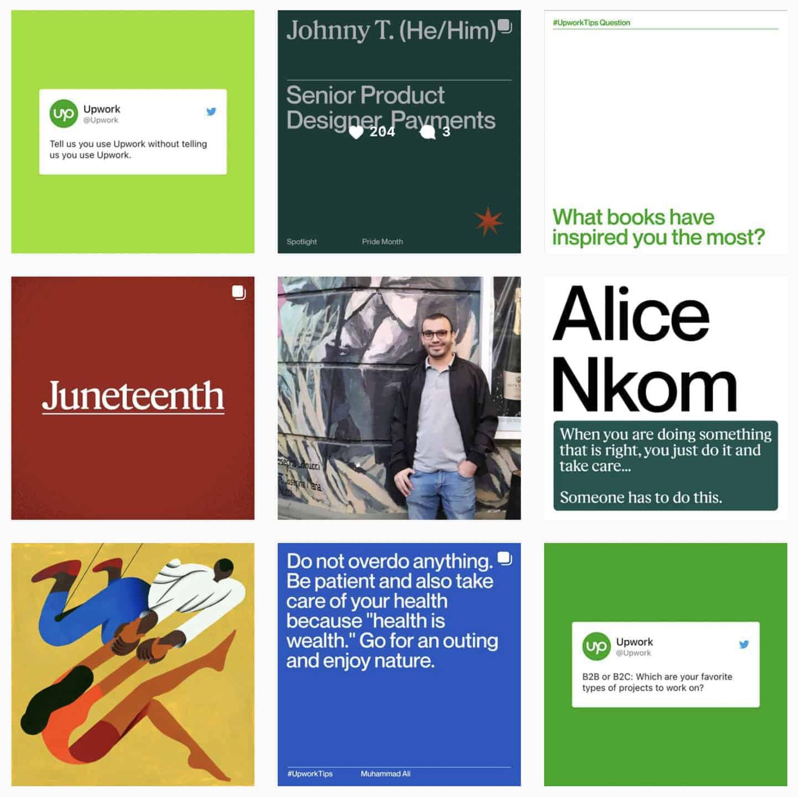 Feed actualizado de Instagram de Upwork con más variedad y colores