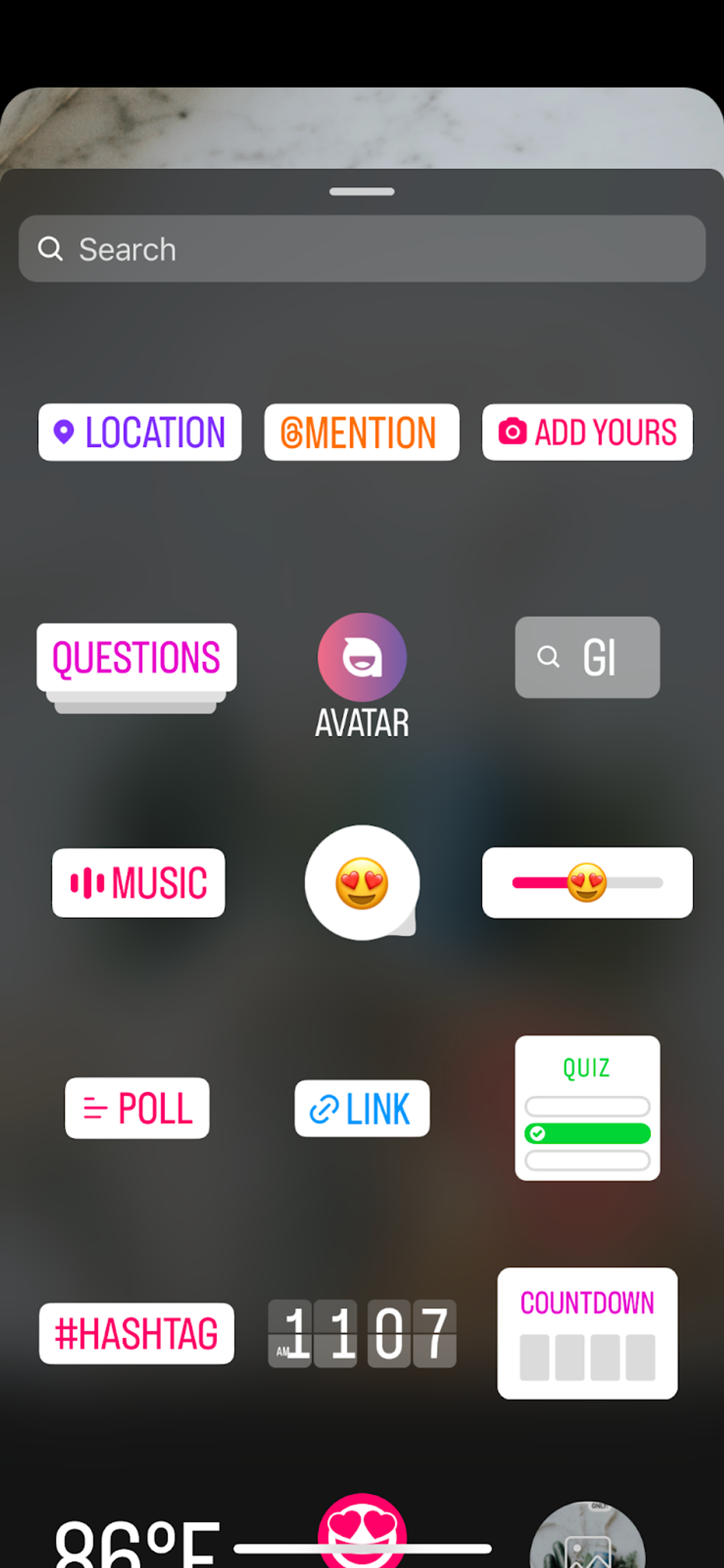 Instagram Story sticker menu showing options like location, poll, quiz, countdown and music.