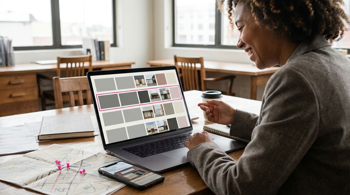 Responsable de marketing de franquicias revisando en un portátil un solo calendario de contenido con publicaciones locales para varias tiendas