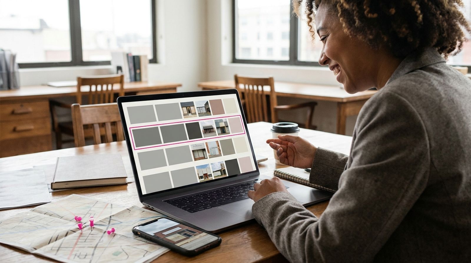 Franchise marketing manager reviewing one content calendar with local posts for several store locations on a laptop