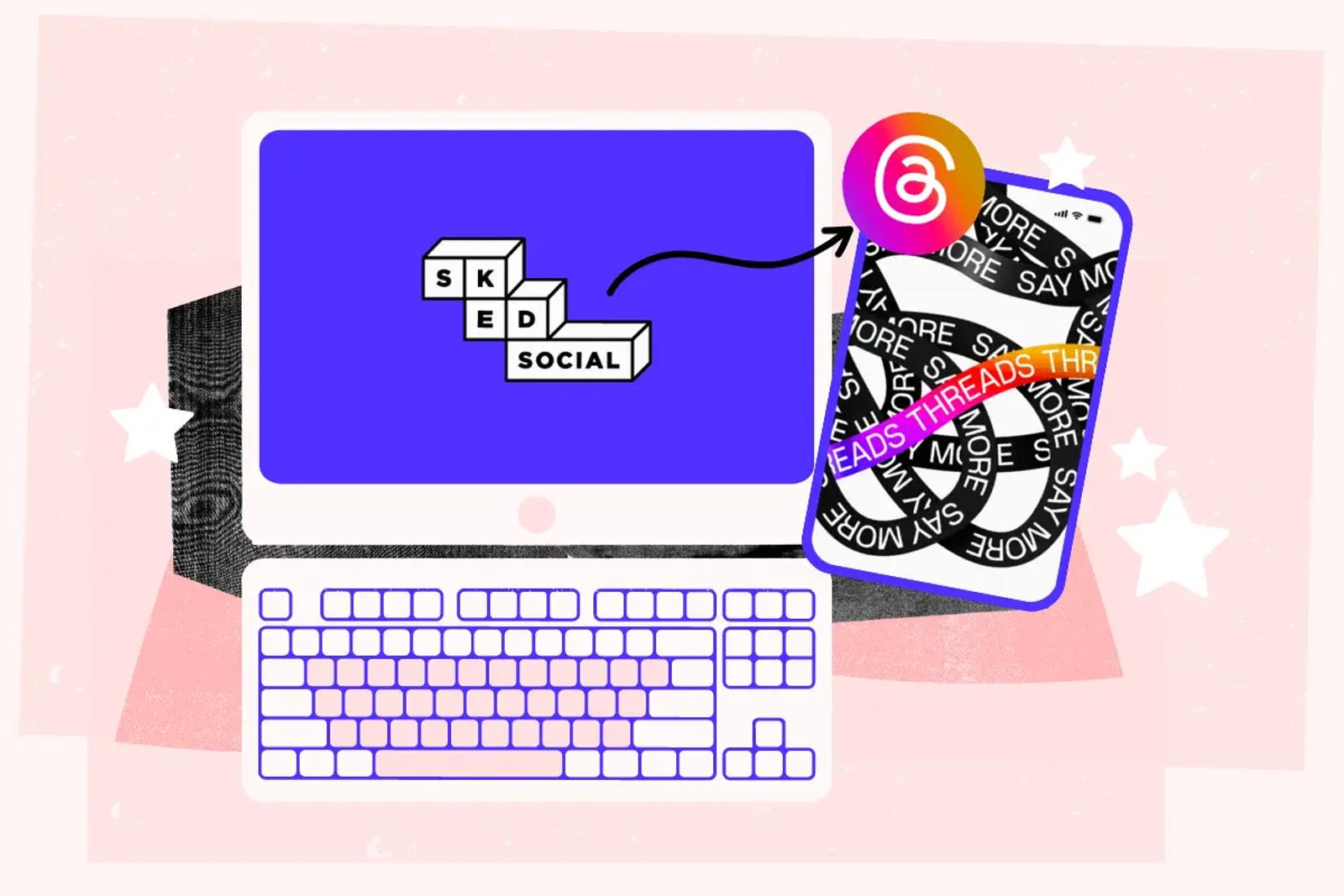 Illustrated desktop computer with the Sked Social logo pointing an arrow to a phone showing the Threads app