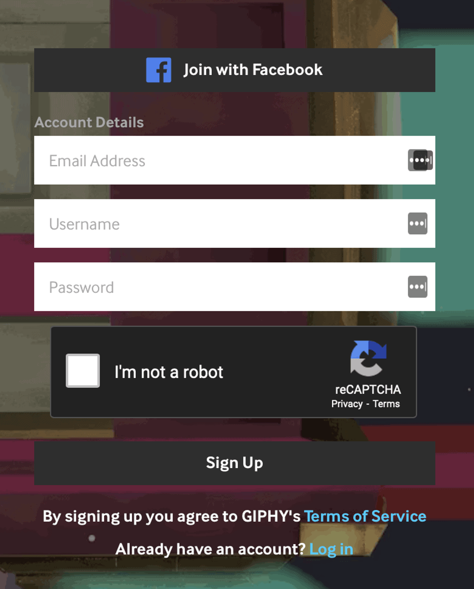 Formulario de registro de GIPHY con campos de correo, usuario, contraseña y botón de registro.