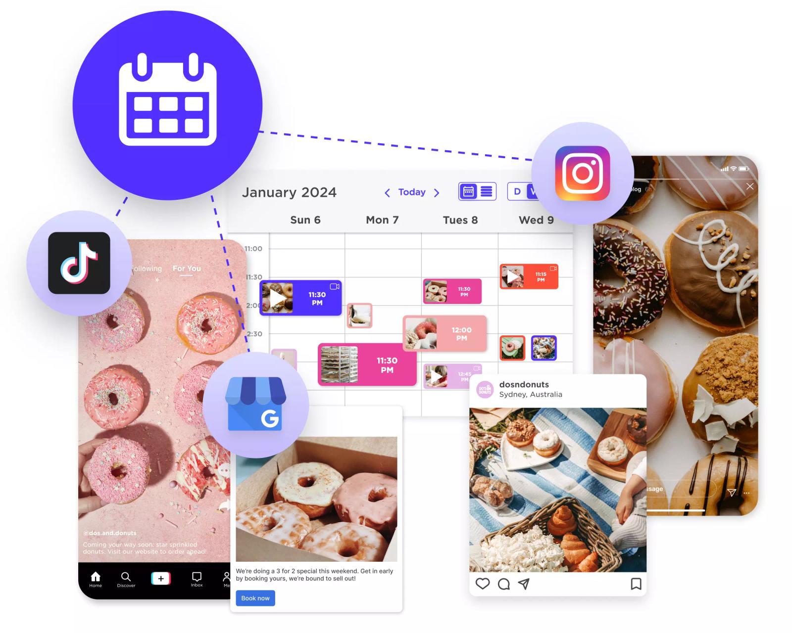 Weekly content calendar with scheduled posts, surrounded by social app icons and donut photos