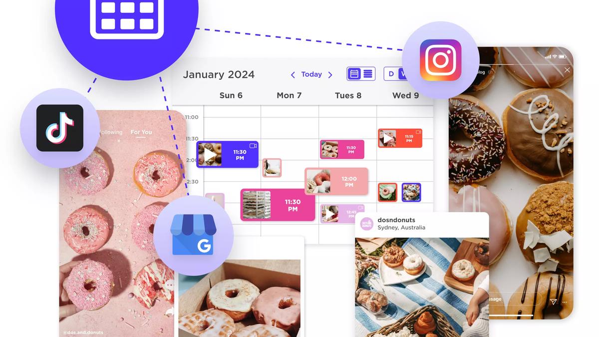 Calendario semanal con publicaciones programadas, rodeado de iconos de redes y fotos de donas