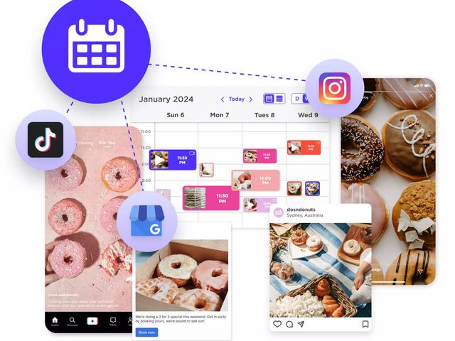 Calendario semanal con publicaciones programadas, rodeado de iconos de redes y fotos de donas