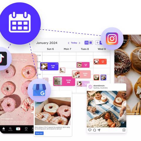Calendario semanal con publicaciones programadas, rodeado de iconos de redes y fotos de donas