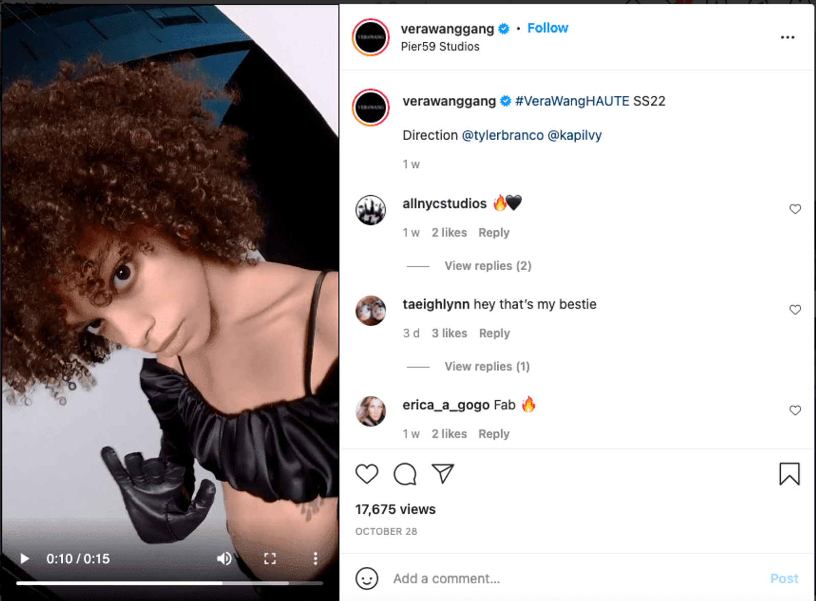 Publicacion de Instagram de Vera Wang con video de una modelo en guante y top de raso negro.
