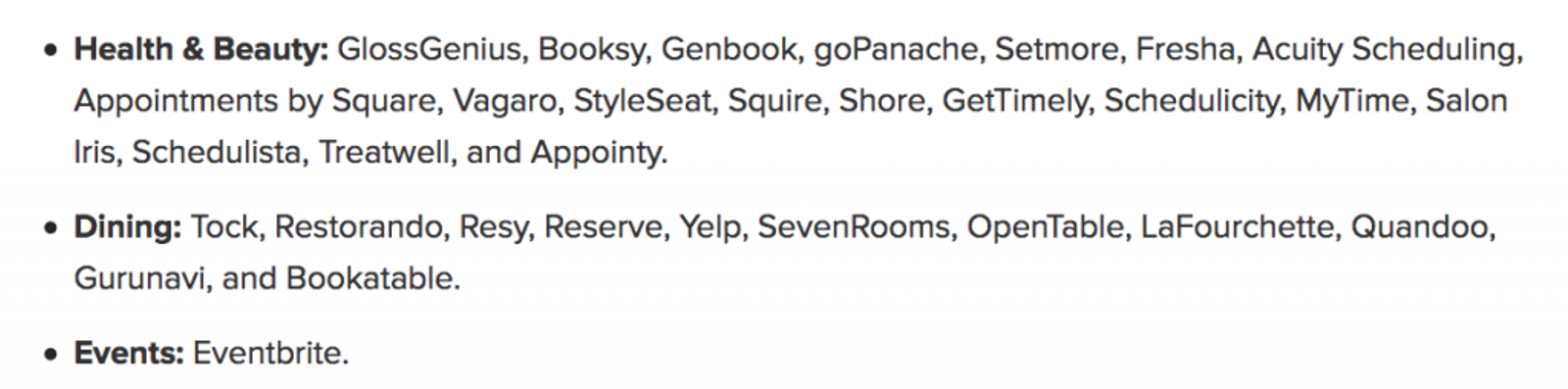 List of booking platforms by category: health and beauty, dining, and events.