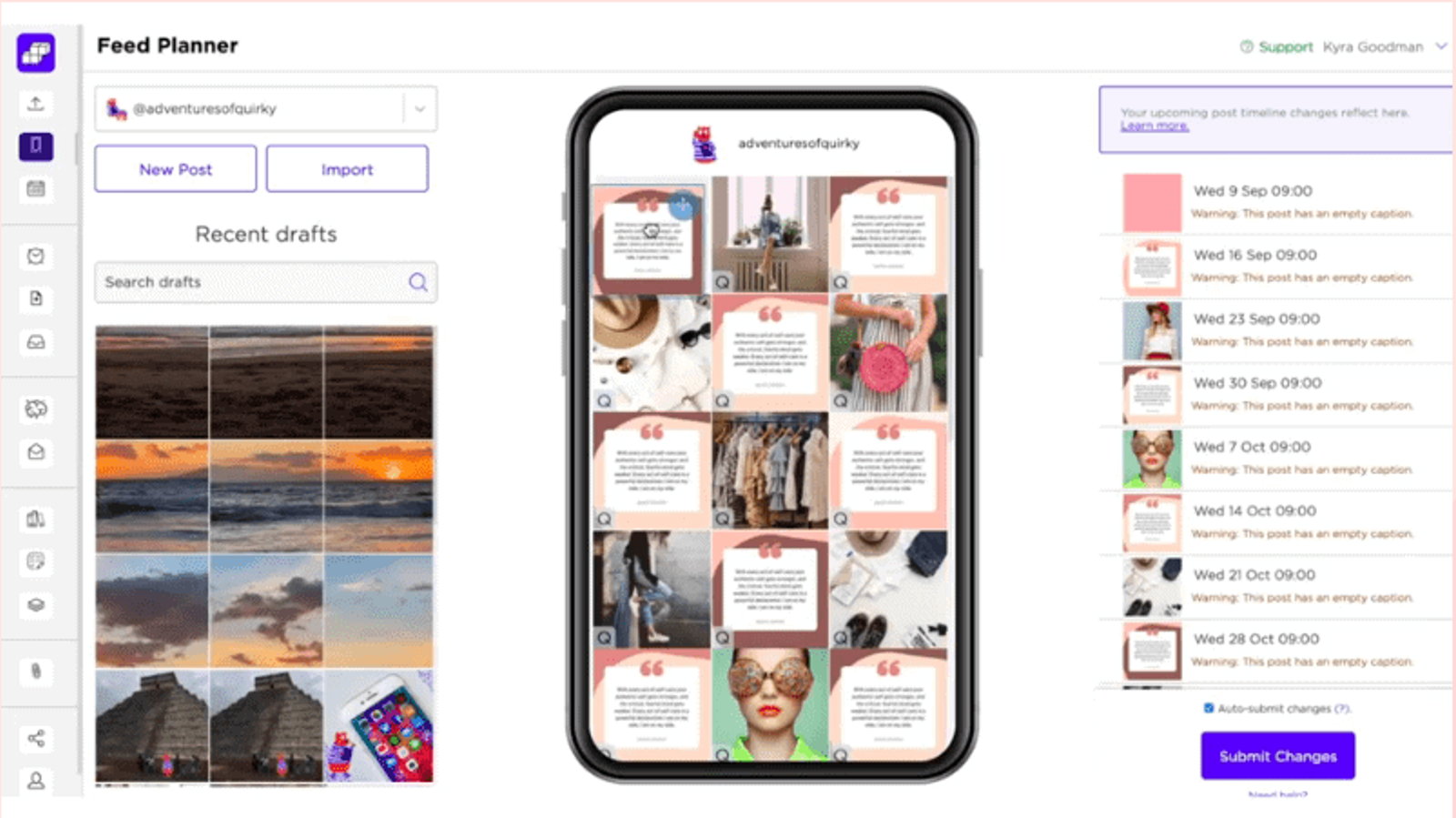 Planificador de publicaciones de Sked Social que muestra una vista previa en el móvil de una cuadrícula de Instagram y una lista de publicaciones programadas.