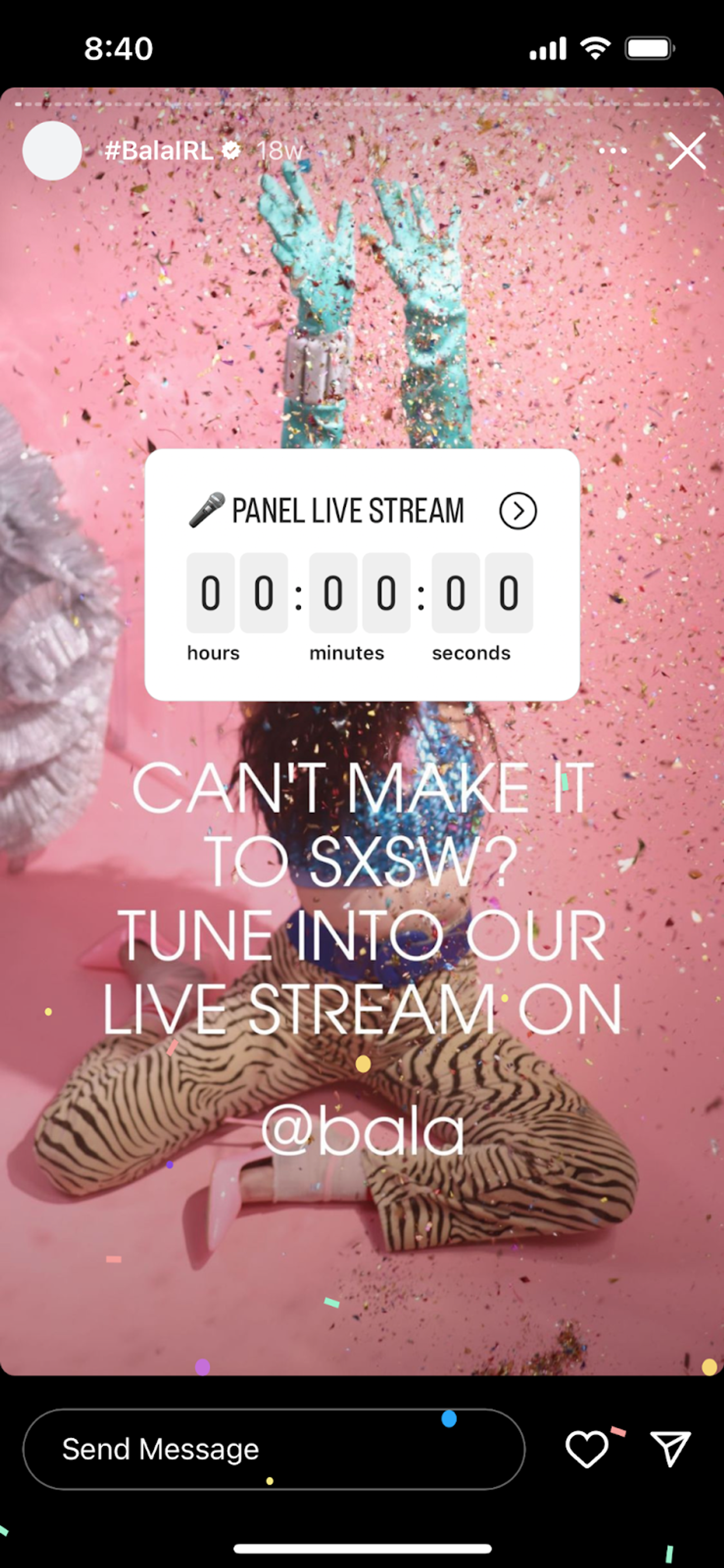Historia de Instagram de Bala con un sticker de cuenta regresiva para un live stream de panel, sobre una foto con confeti.