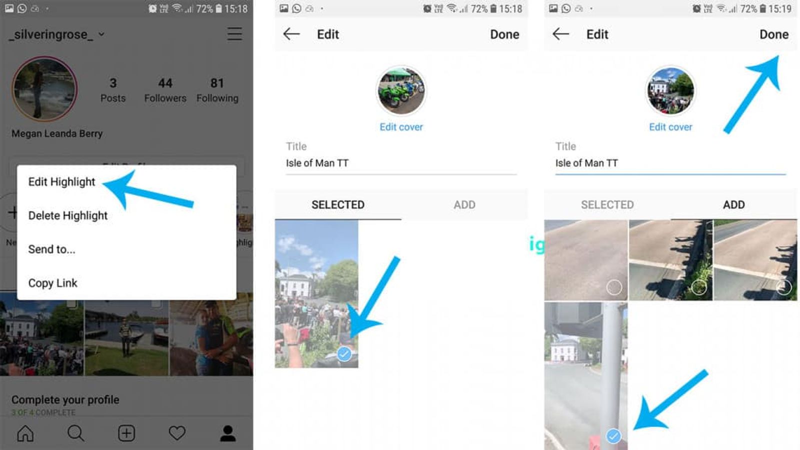 Instagram screens showing the Edit Highlight menu and editing selected Stories in a Highlight.