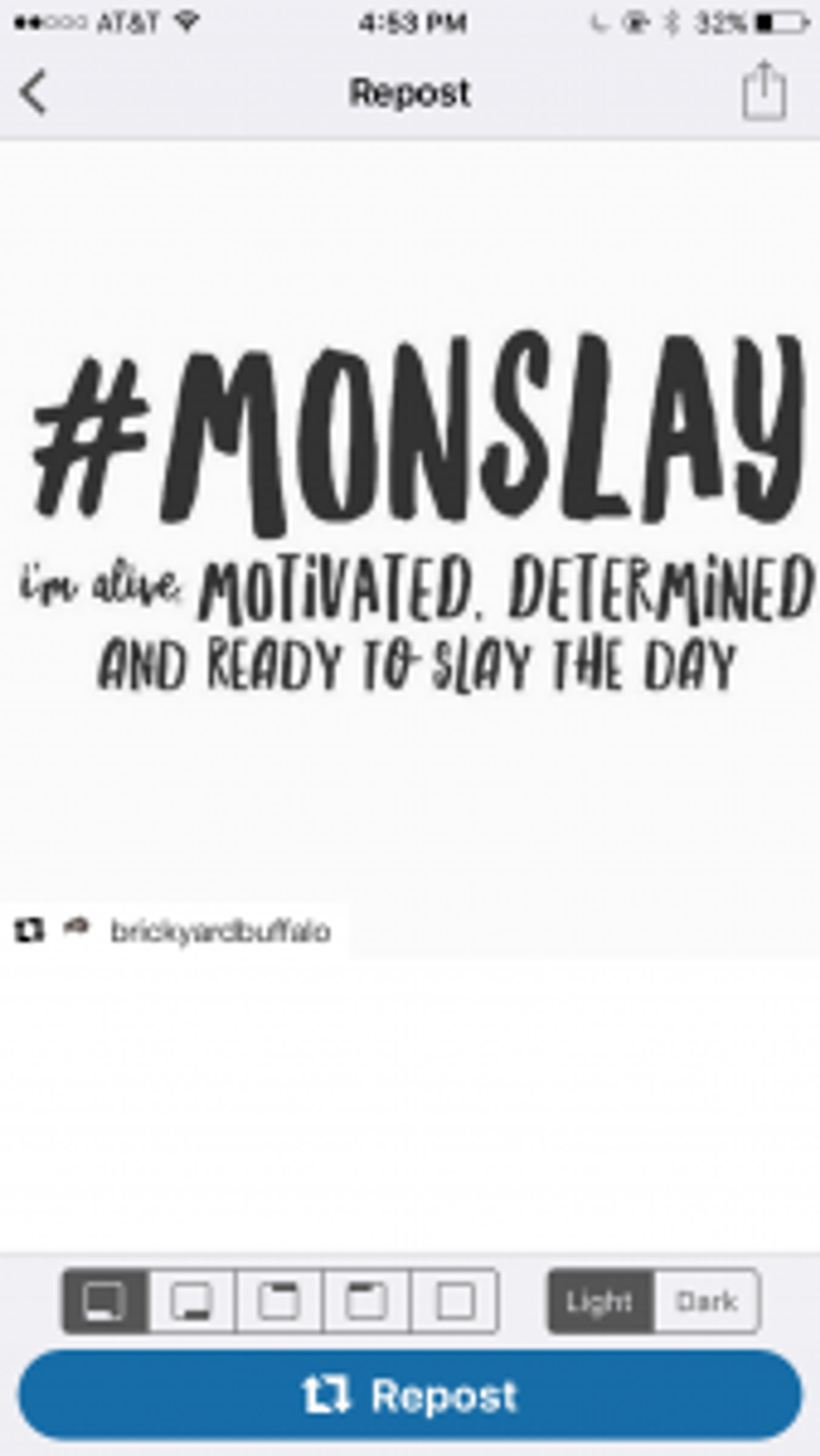Instagram repost screen showing a text post with the caption #MONSLAY and a repost button.