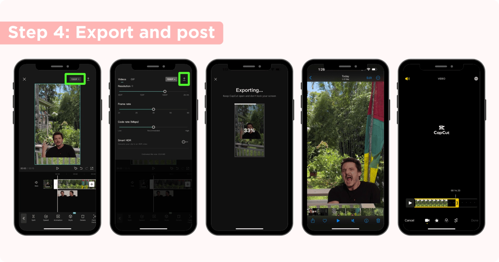 Five phone screens showing CapCut export settings, an export progress bar, then the saved video clip.