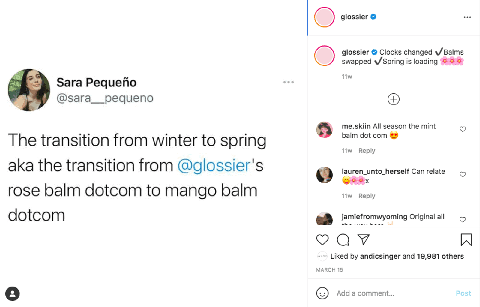 Publicación de Twitter compartida en Instagram en la que se cuenta cómo la usuaria va cambiando los productos de Glossier según cambia la estación