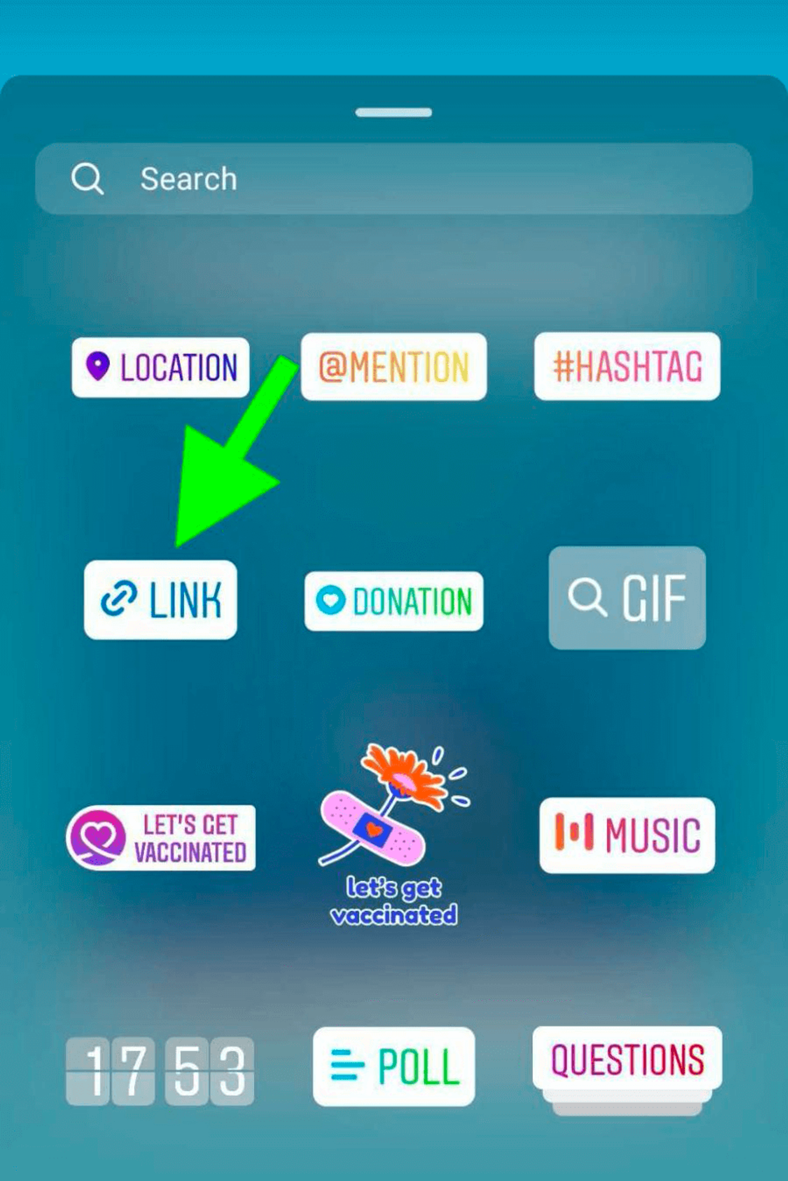 Instagram Story sticker menu with an arrow pointing to the Link sticker option.