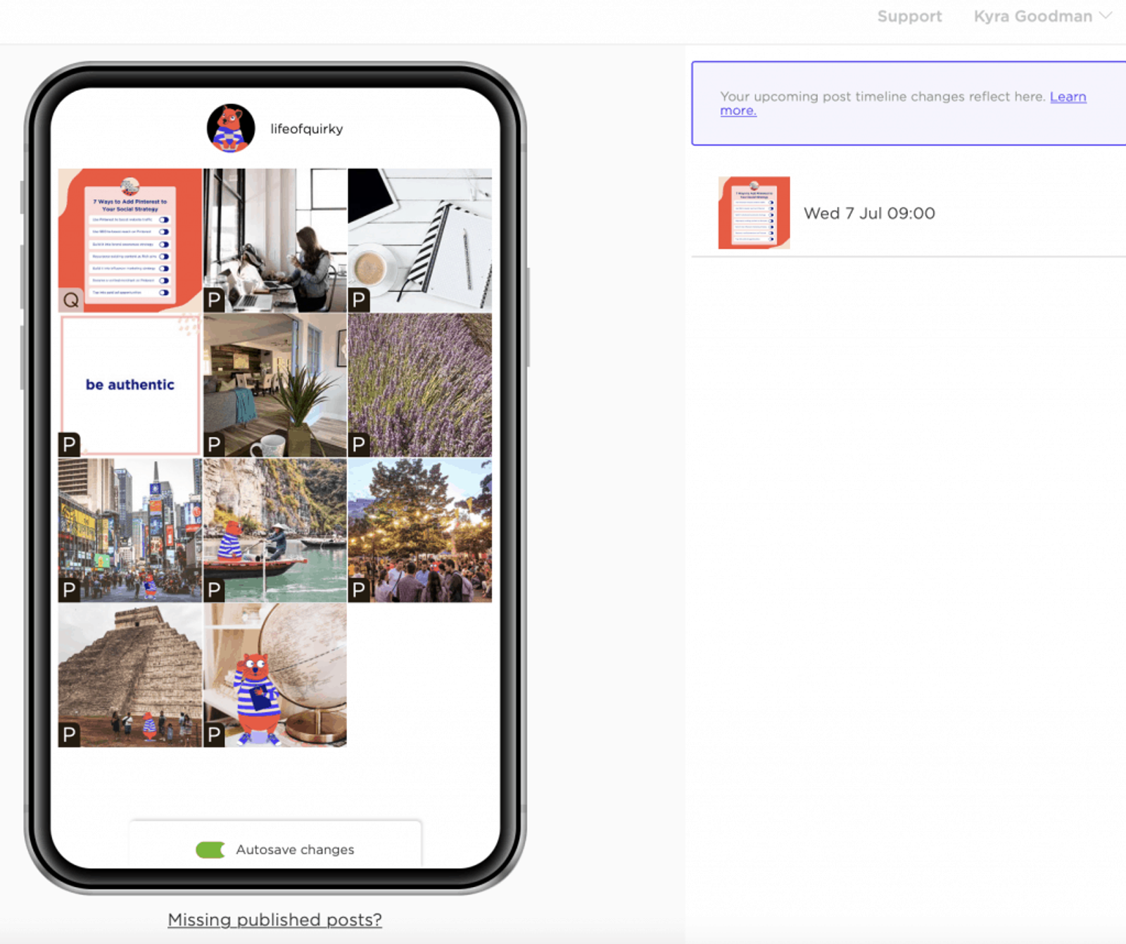 Vista previa en un teléfono de una cuadrícula de Instagram en Sked Social junto a publicaciones programadas.