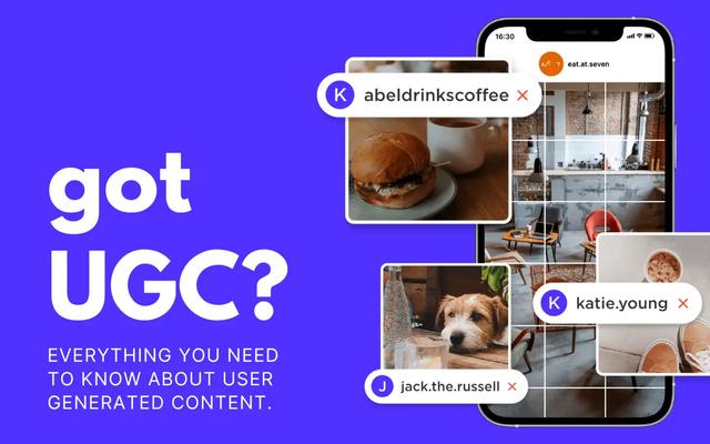 Pantalla de un telefono con una cuadricula de Instagram y fotos de clientes etiquetadas de comida, un perro y una cafeteria