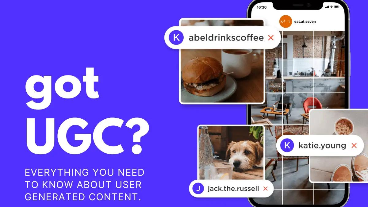 Phone screen showing an Instagram grid with tagged customer photos of food, a dog and a cafe