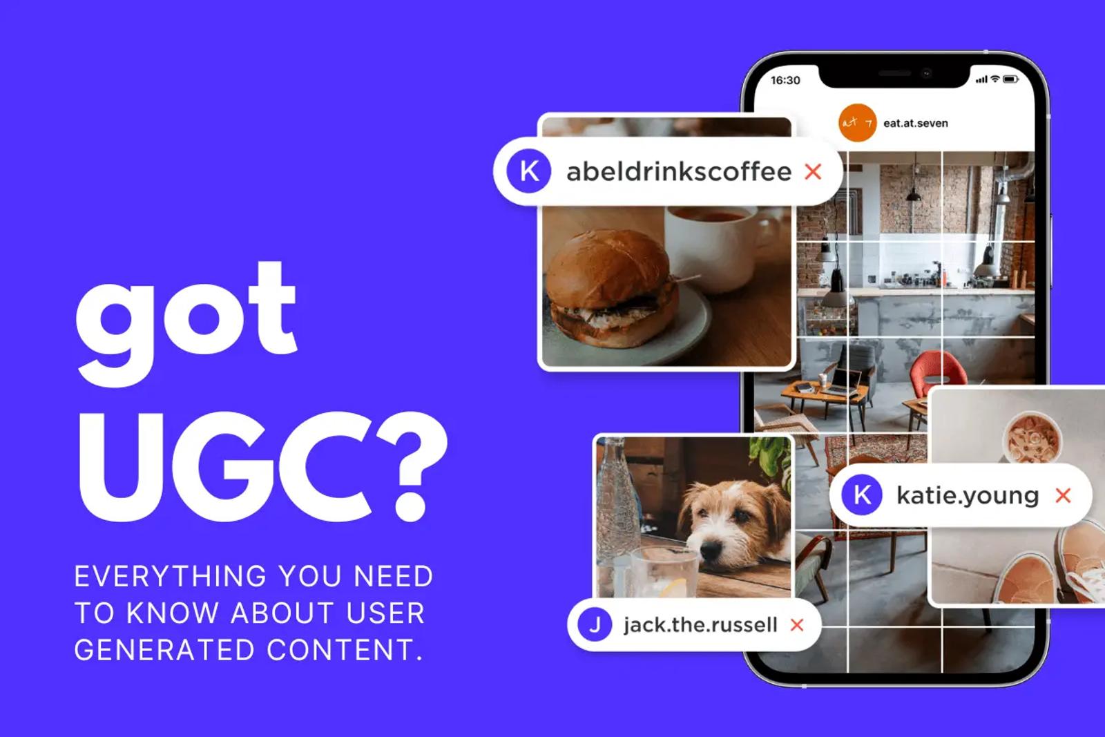 Pantalla de un telefono con una cuadricula de Instagram y fotos de clientes etiquetadas de comida, un perro y una cafeteria
