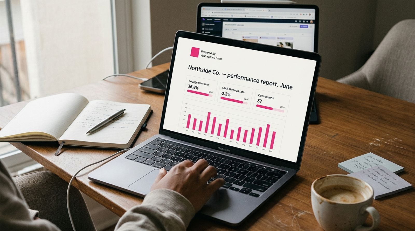 Laptop on a real desk showing a clean one-page client social media report with KPI tiles and a pink bar chart.