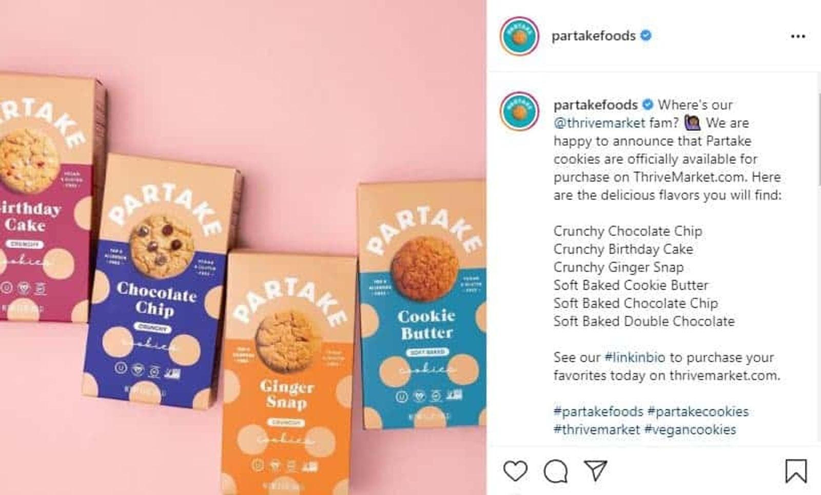 Publicación de Instagram de Partake Foods con cajas de galletas de distintos sabores sobre un fondo rosa.