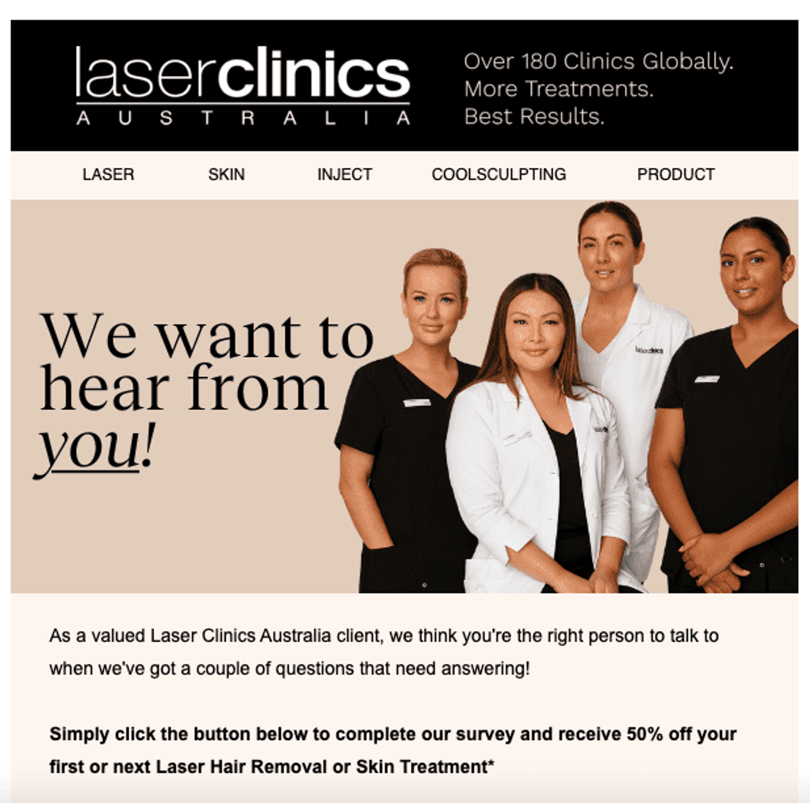 Encuesta por correo de Laser Clinics Australia ofreciendo a sus clientes un 50% de descuento en su próximo tratamiento
