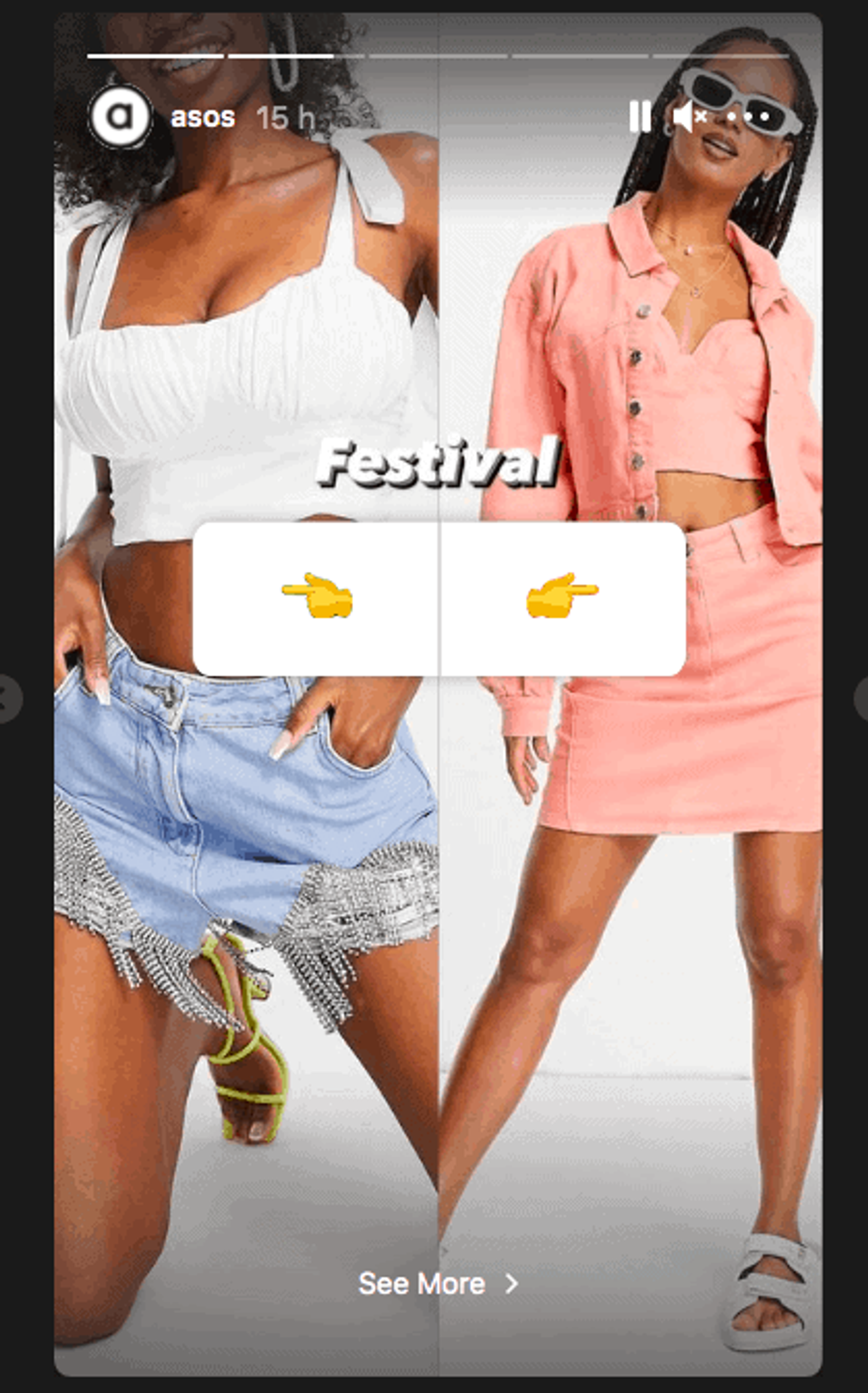 Una historia de Instagram de Asos con looks de festival divididos en dos y emojis de manos señalando.