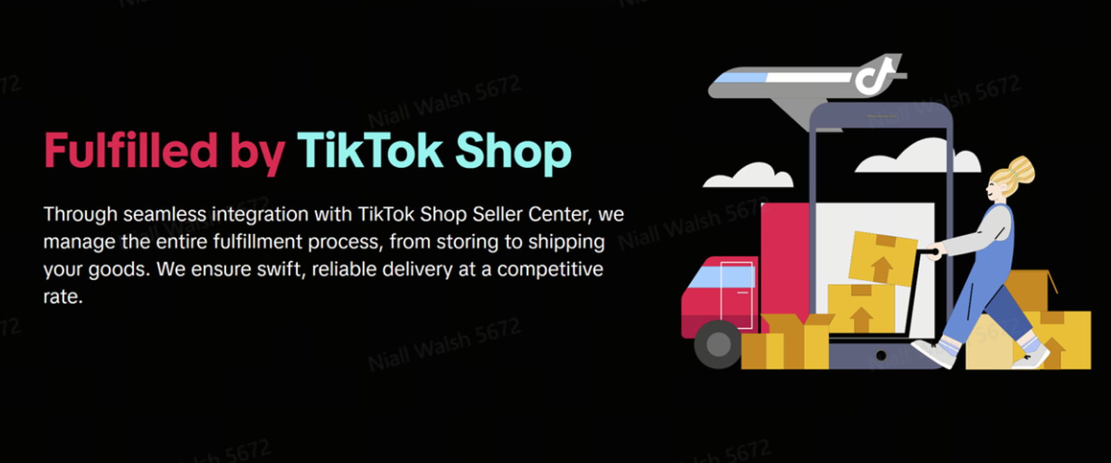 Diapositiva «Gestionado por TikTok Shop» con una ilustración de un camión de reparto, cajas y una persona con un carrito.