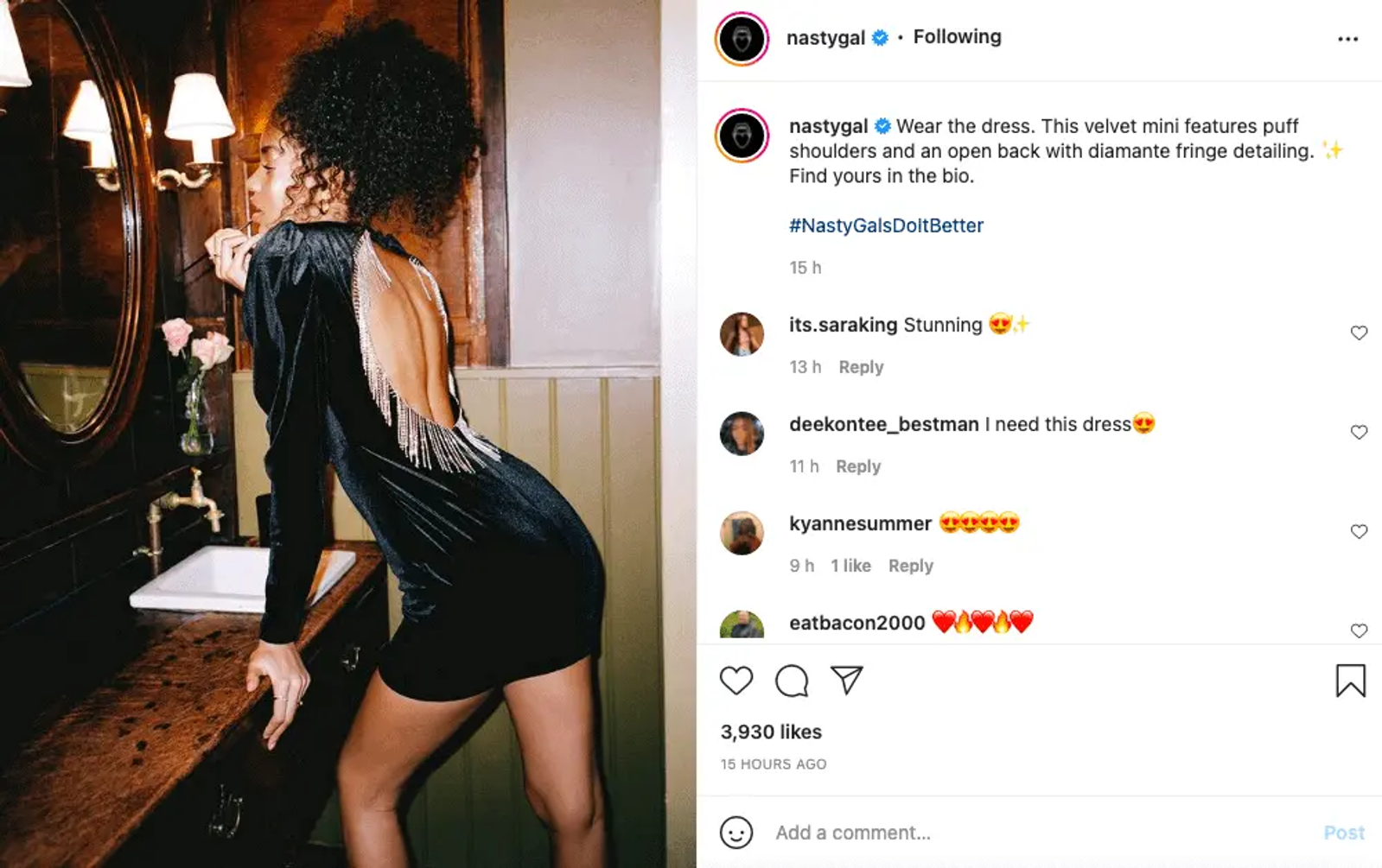 Publicacion de Instagram de NastyGal con una mujer en vestido de terciopelo de espalda abierta, con comentarios