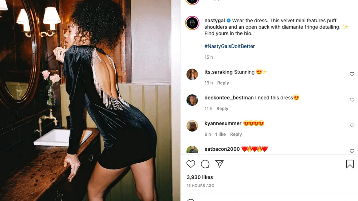 Instagram post from NastyGal showing a woman in a velvet mini dress with an open back, plus caption and comments