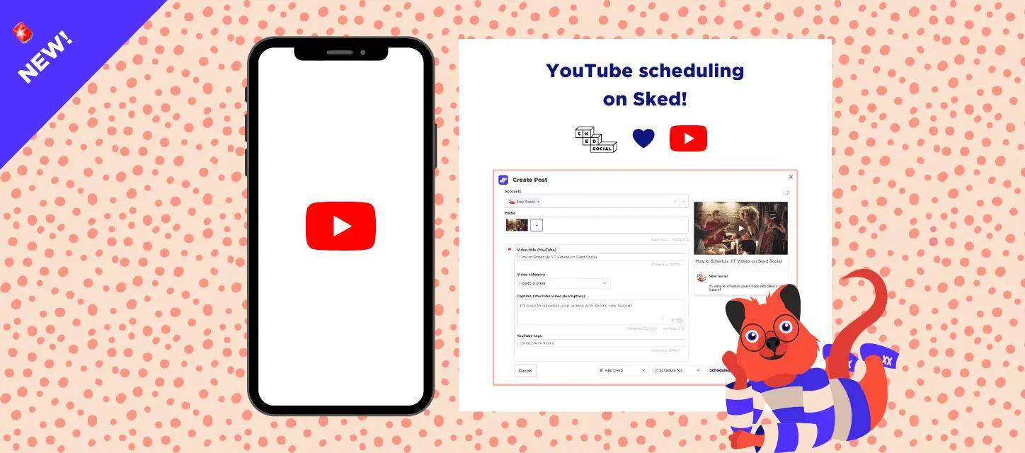 Phone with YouTube logo beside a Sked Social post creation screen for scheduling a video