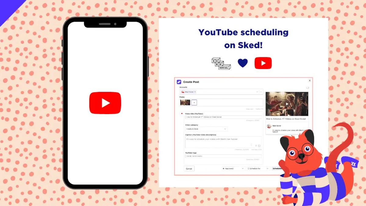 Phone with YouTube logo beside a Sked Social post creation screen for scheduling a video