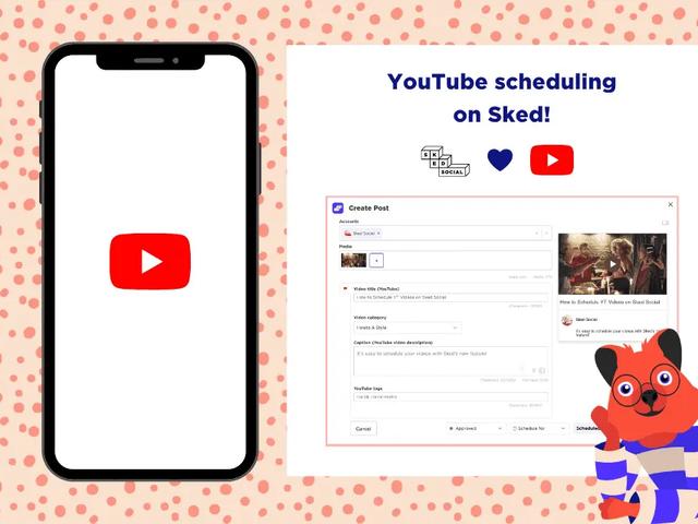 Teléfono con el logo de YouTube junto a la pantalla de Sked Social para programar un video